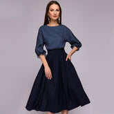Autumn Vintage Lantern Sleeve Printing Dress Women's Elegant Casual O-Neck Half Sleeves A-Line Dress Mid-Calf Party Dresses